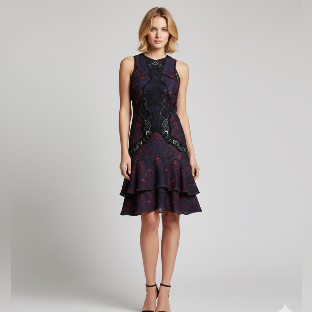 JONATHAN SIMKHAI Navy Two Tone Lace Ruffled‎ Hem Mini Dress